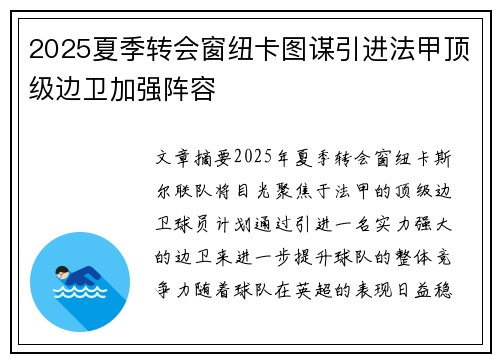 2025夏季转会窗纽卡图谋引进法甲顶级边卫加强阵容